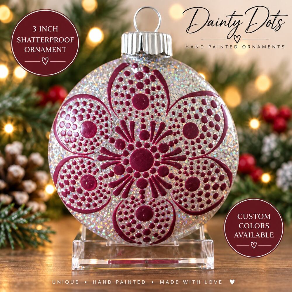 Hand Painted 3" Shatterproof Silver Glitter Burgundy Floral Ornament Dainty Dots